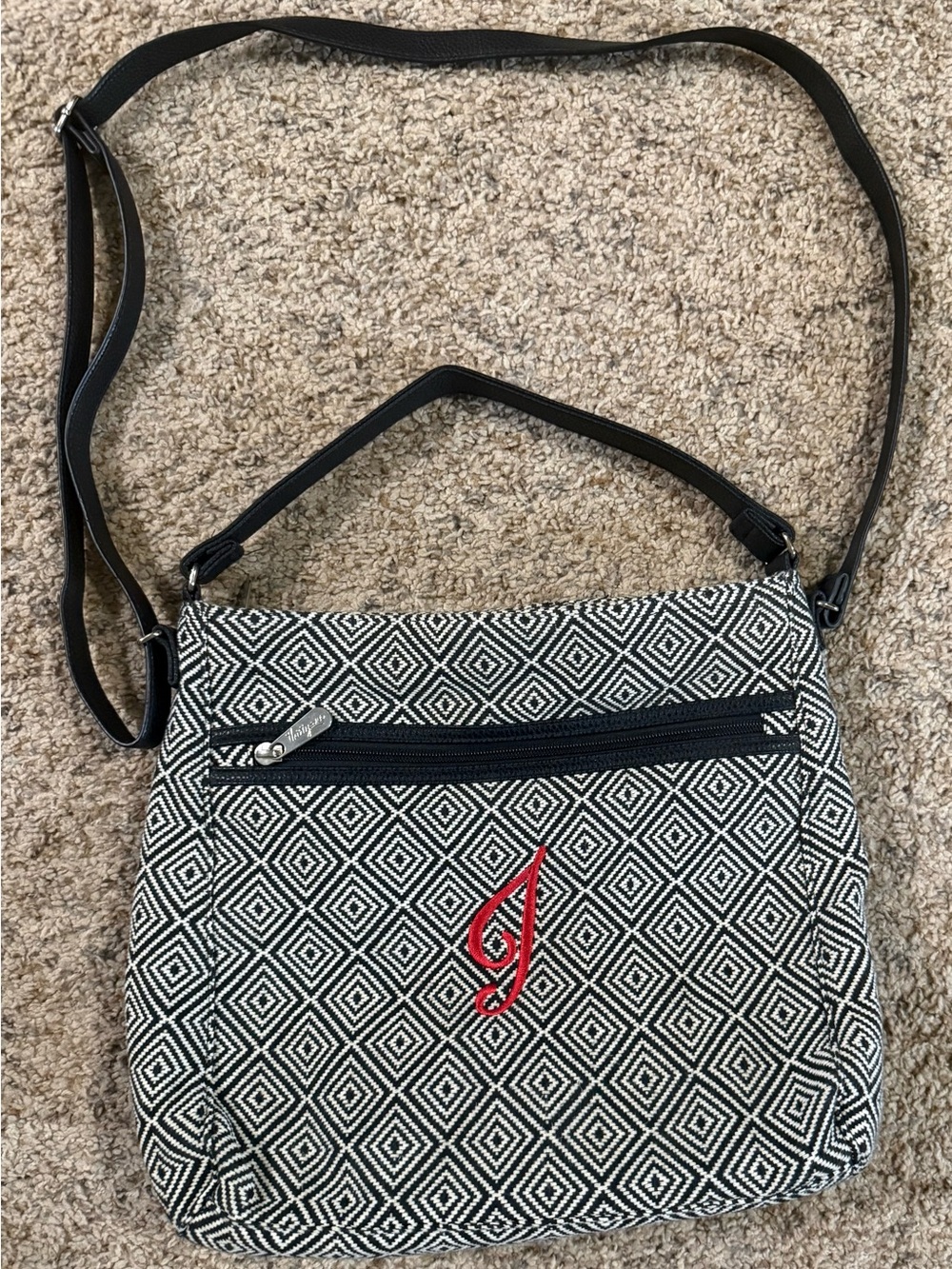 Thirty-one Black & White Geometric Crossbody Bag with Red J Monogram